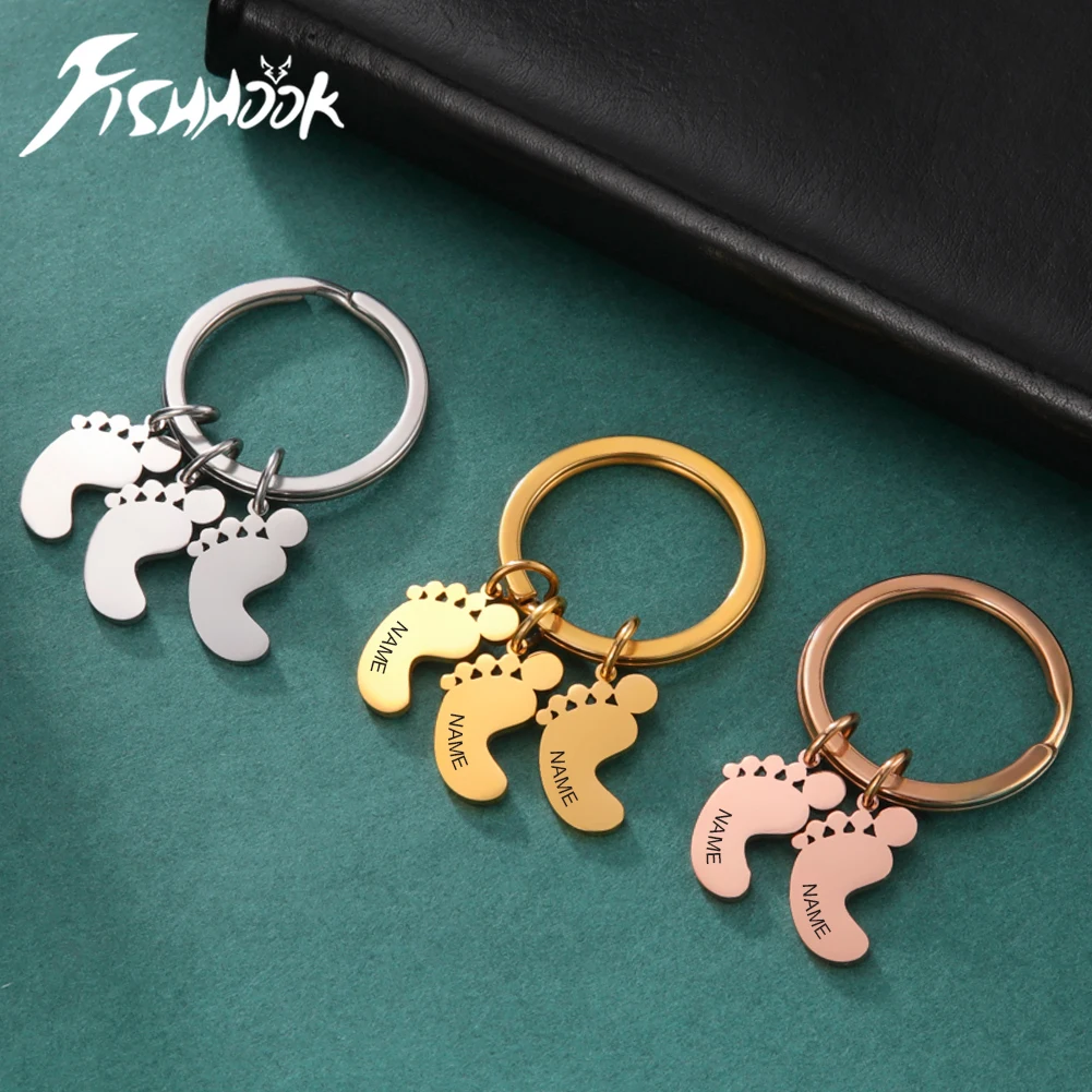 Baby Foot Personalized Keychain Father Mother Kid Gift for Women Men Custom Name Family New Born Stainless Steel Jewelry