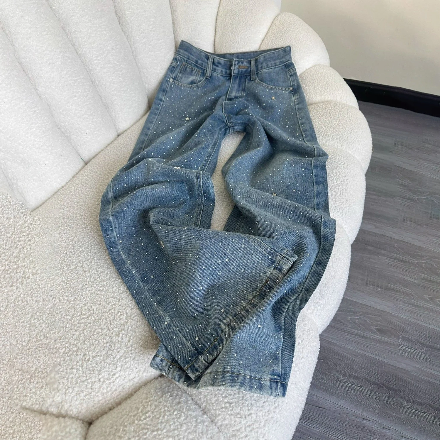 موضة حجر الراين الماس الأزرق مستقيم الساق النساء الجينز ريترو الشارع نمط عالية الخصر فضفاض بنطال ذو قصة أرجل واسعة جديد Y2k السراويل الطويلة #1