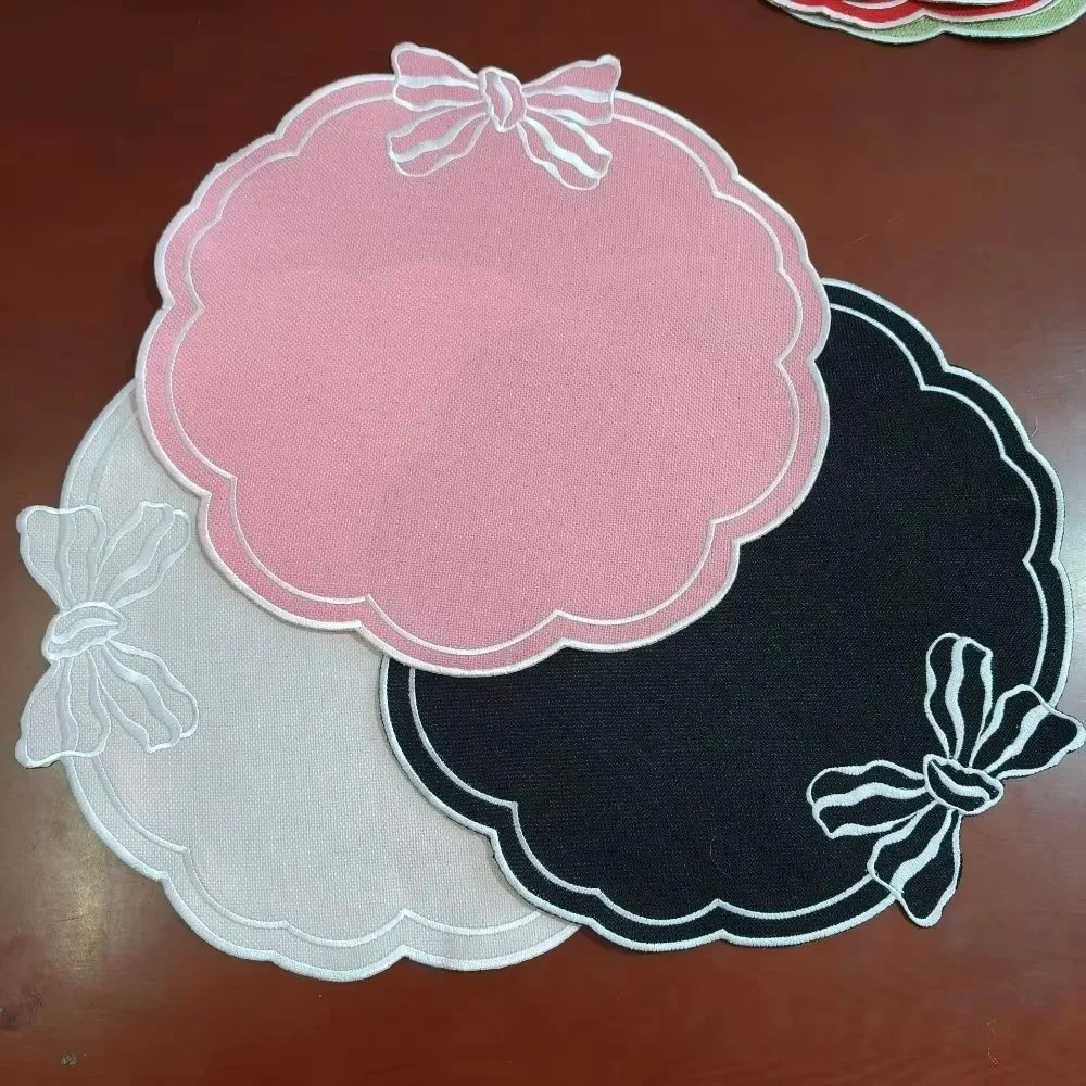 High Quality Washable Linen Napkin Reusable Vintage Wavy Edge Embroidered Bowknot Napkin Placemat Banquet Parties