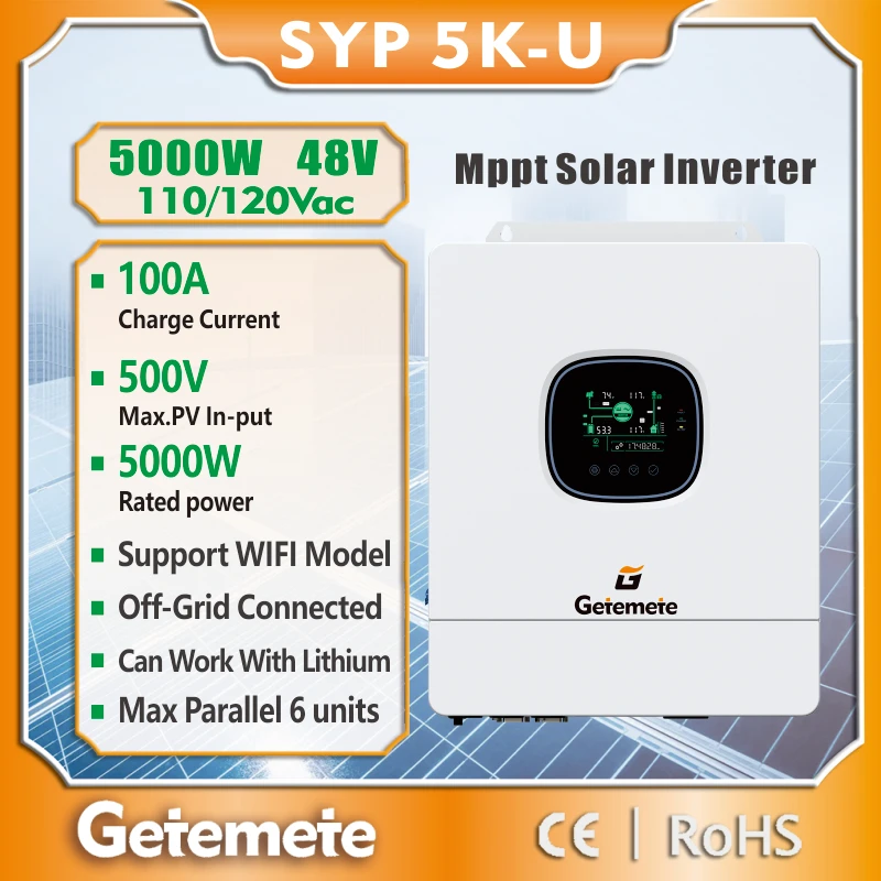 

Getemete 5000 Вт, 48 В, 110/120 В переменного тока, чистая синусоида, автономный гибридный инвертор MPPT, 100 А, солнечное зарядное устройство, максимальное входное напряжение PV, 500 В постоянного тока