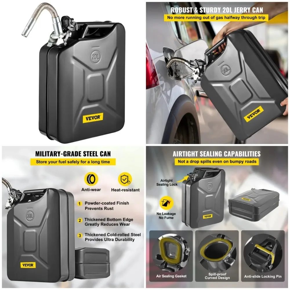 Tanica carburante Jerry, tanica gas portatile da 5,3 galloni con beccuccio flessibile, serbatoio in acciaio antiruggine, nera