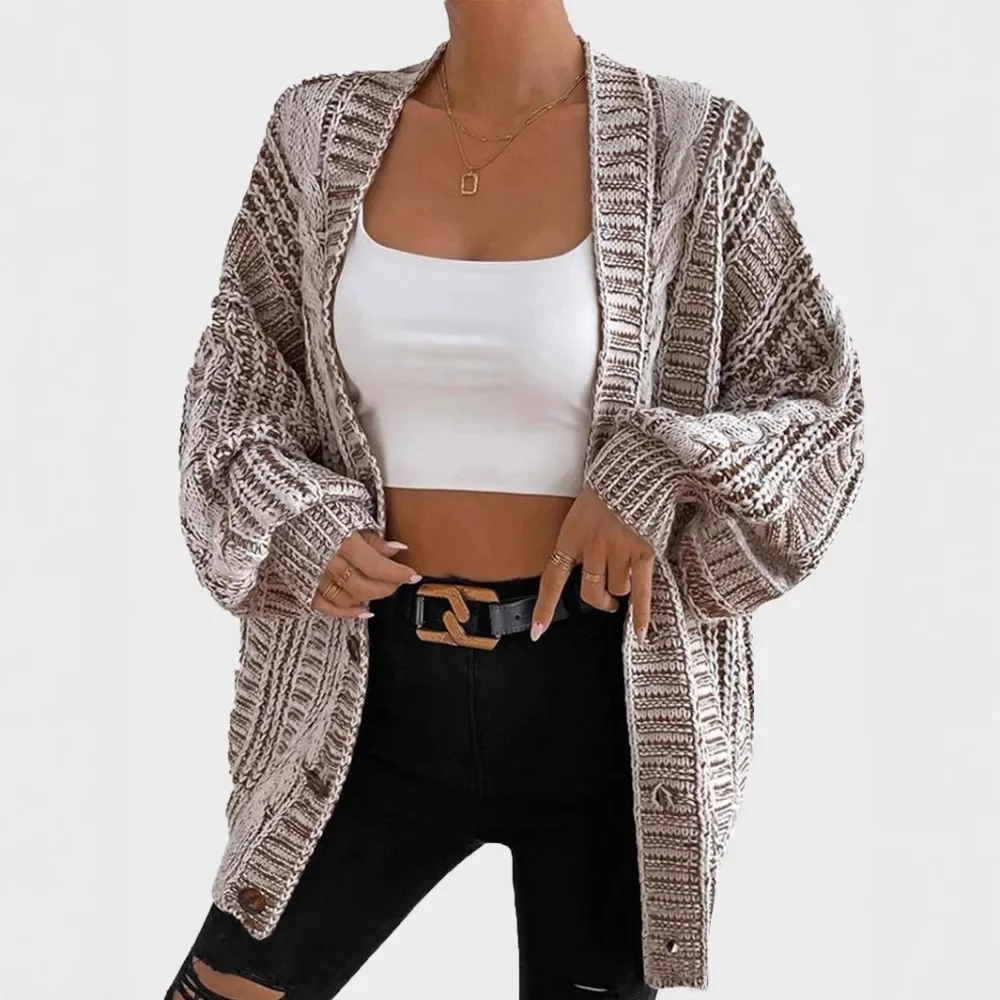 European American Women New Autumn Winter V Neck Marled Twist Knit Button Front Midi Cardigan Daily Sweater Coat