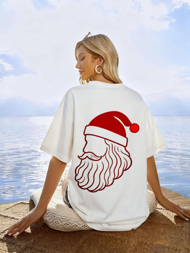 تي شيرت أبيض فضفاض بأكمام قصيرة مطبوع عليه رأس سانتا كلوز مناسب لحفلات العطلات، قميص كاجوال للسيدات #1