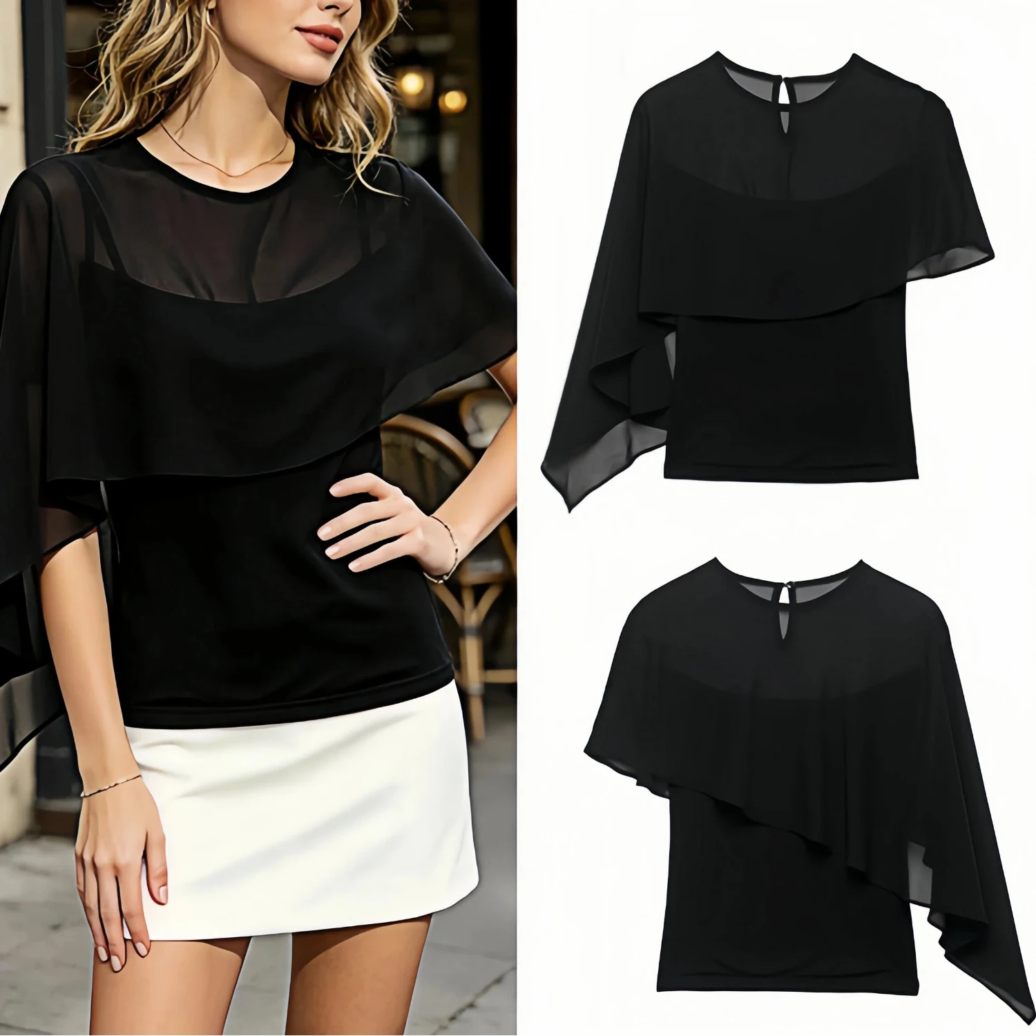 Summer New Womens Stylish Black Mesh Cape Shawl Irregular Stretch Vest Sexy Beach Vacation Sheer Cover Up Trendy Chic Vest