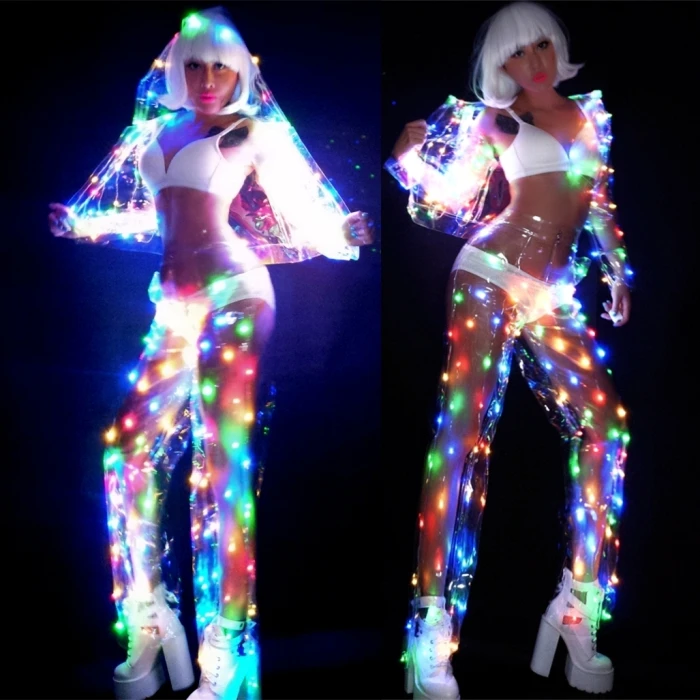 Vrouwelijke Kleur Led Verlichting Prestaties Kleding Muziek Festival Zanger Dans Team Dj Disco Dansen Kostuum Sexy Led Perspectief Pak