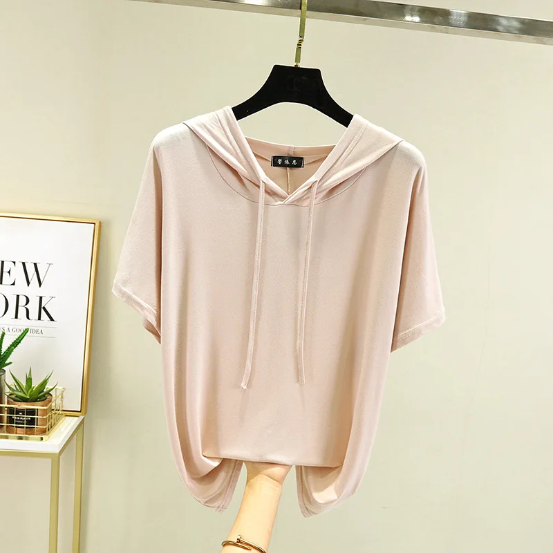 Summer 2025 New Women's Short Sleeve Pajamas modal T-shirt Ladies Hooded Thin Loose Bottom Shirt Top Home Wear Sleepwear