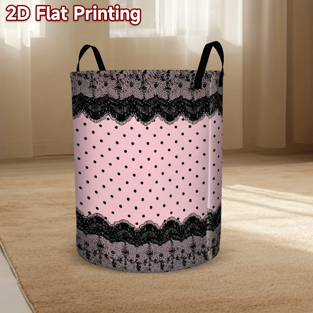 Printed Laundry Basket Featuring a Design of Black Lace Polka Dots Perfect for Stylish Garbage Collection Made from High-Quality