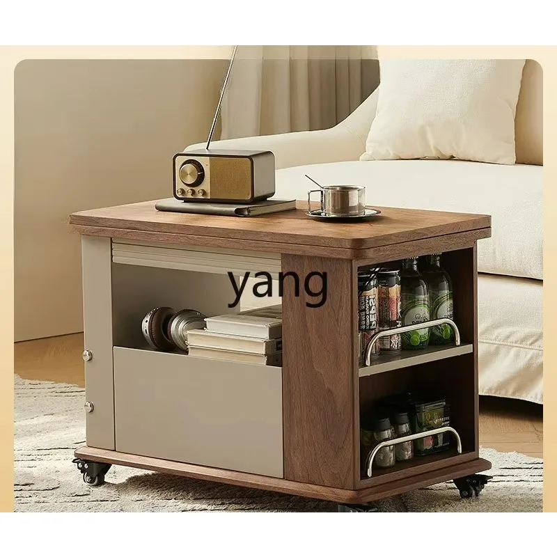 LTT wabi-sabi wind movable folding side table solid wood small table living room multi-functional storage trolley coffee table