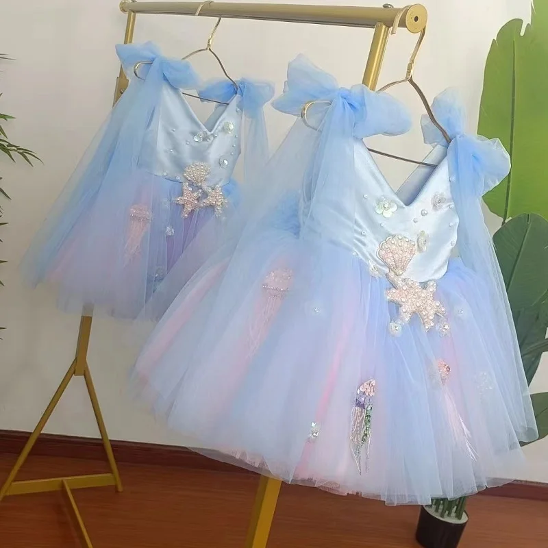 Vestido de princesa con lazo grande para niña, falda de tutú sin espalda lujosa y a la moda, disfraz de actuación para fiesta temática subacuática