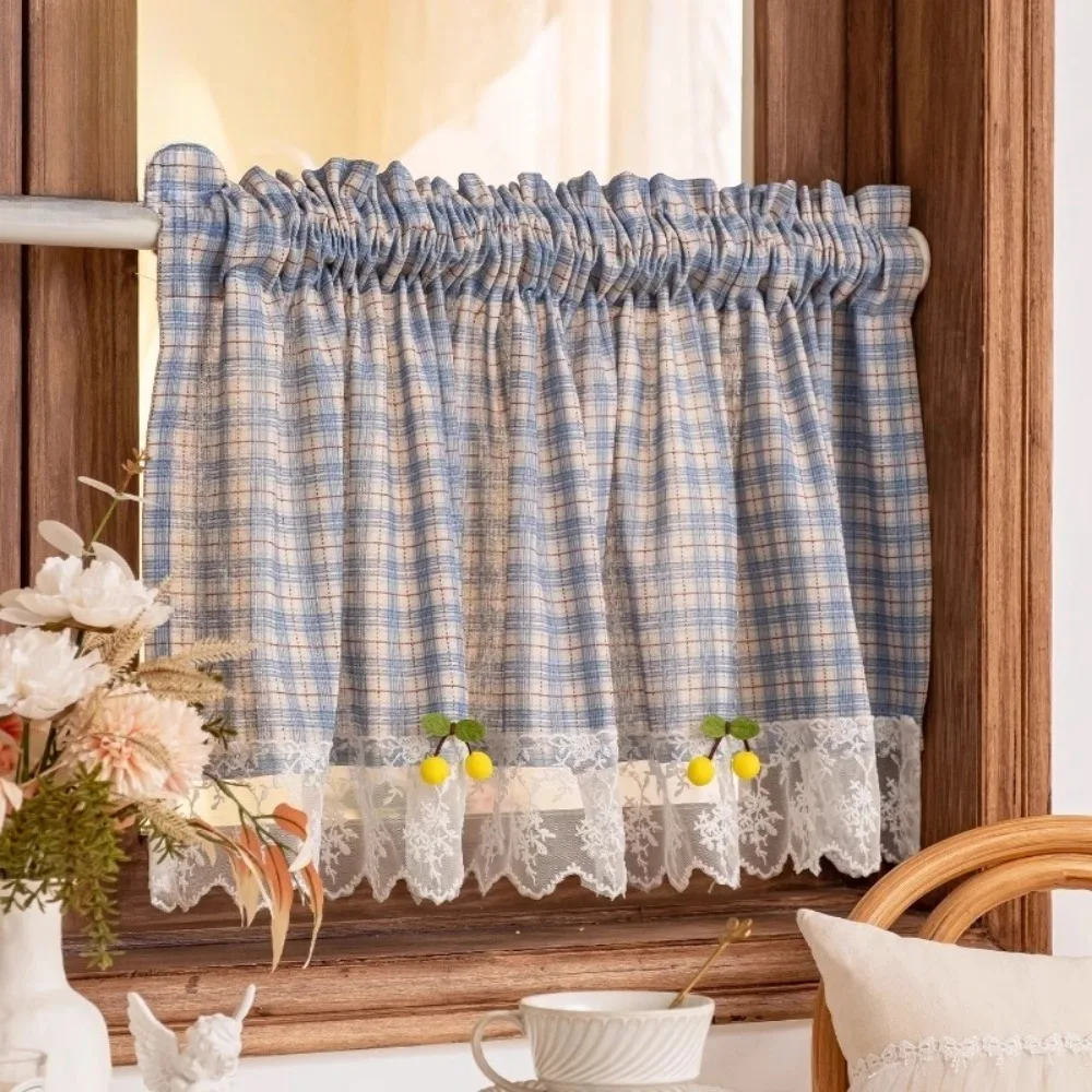 

Blue Plaid Cherry Half Short Curtains Tulle for Living Room Kitchen Window Small Door American Style Cabinet Dustproof Custom