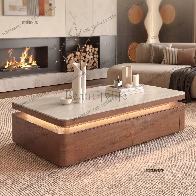 LSWabi-sabi Coffee Tables Travertine Stone Coffee Tables with LED Light Designer Storage Drawers Home Living Room Storage Cabine