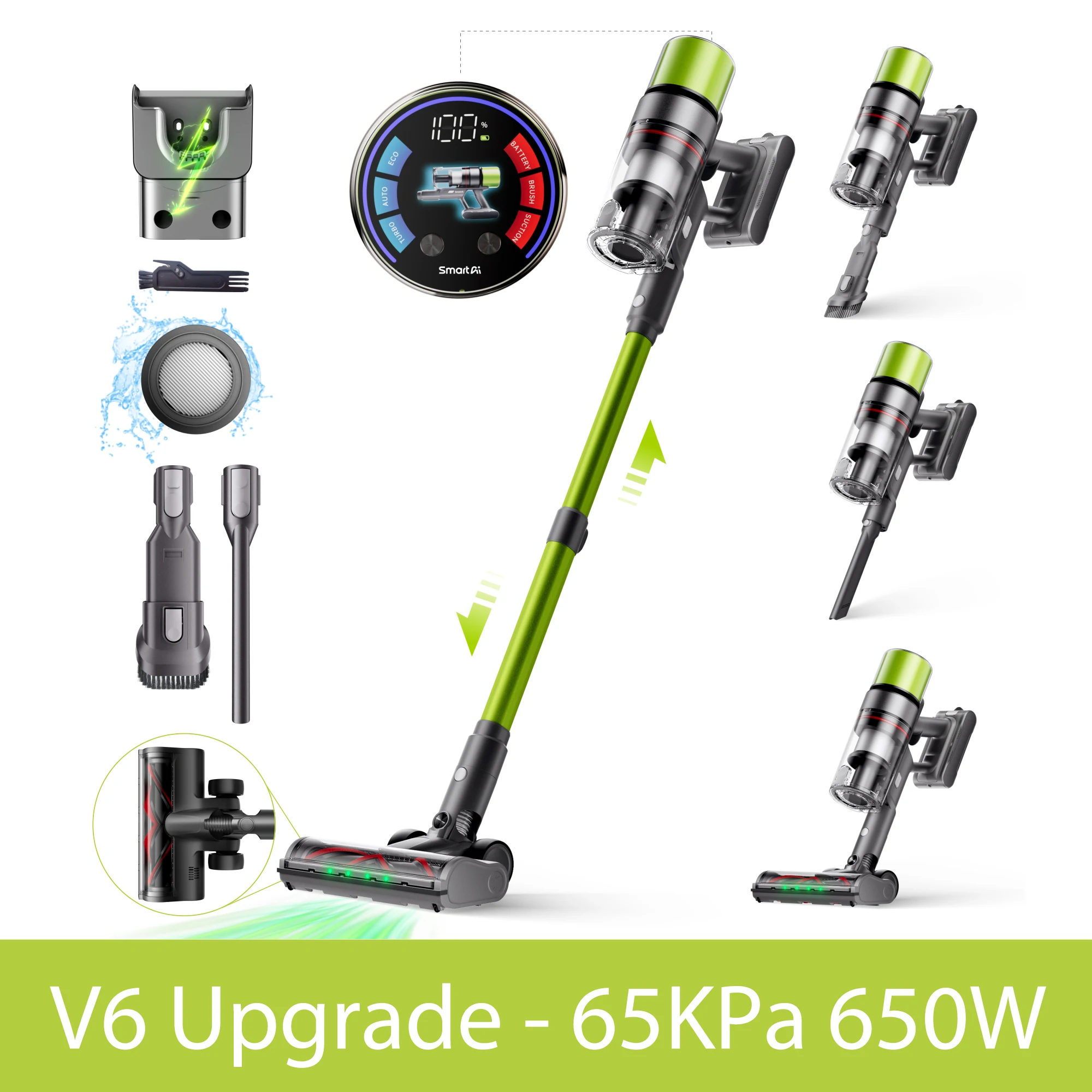 SmartAI V6 Draadloze Stofzuiger, 65KPA 650W Krachtige Steelstofzuiger, Tot 80Min Batterijduur, 24000mAh Grote Accu, Anti-Klit Borstel, Voor Tapijt, Harde Vloeren, Huisdierhaar, Auto