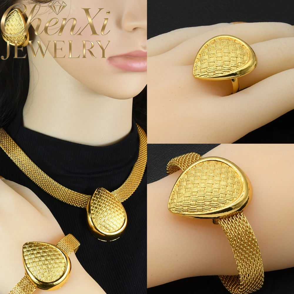 High-End Luxury Elegant Alluvial Gold Fashion Popular Jewelry Set Women Wedding Party Banquet Necklace Earrings Ring 4pcs Gift