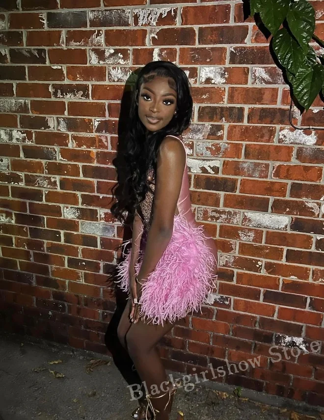 Luxury Peach Pink Short Homecoming Prom Dress 2024 Glitter Crystal Rhinestone Feather Black Girls Birthday Party فساتين سهرات