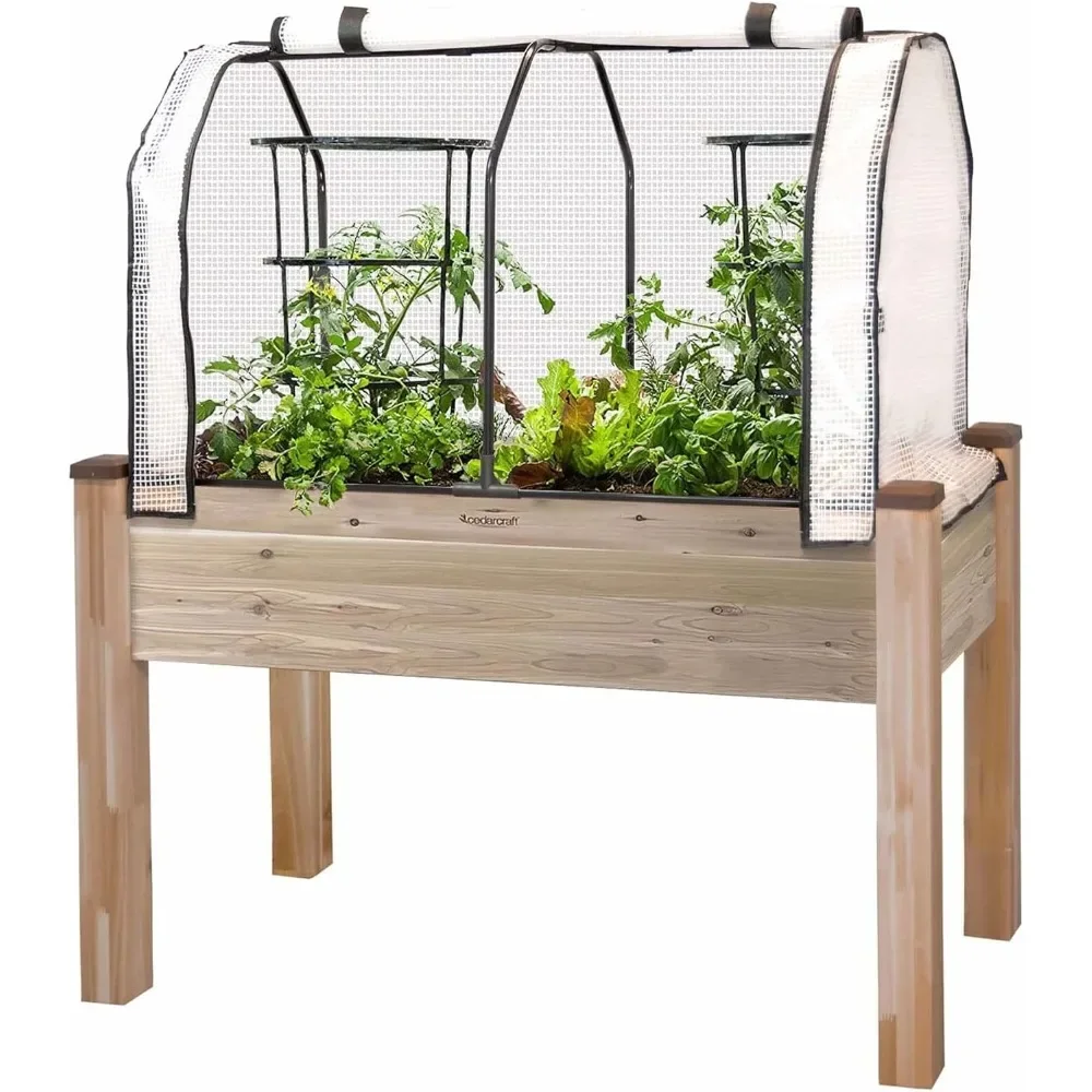 

Self-Watering Elevated Cedar Garden Vegetable Flower Herb Planter with Dual Zipper Door Greenhouse Frame Cover