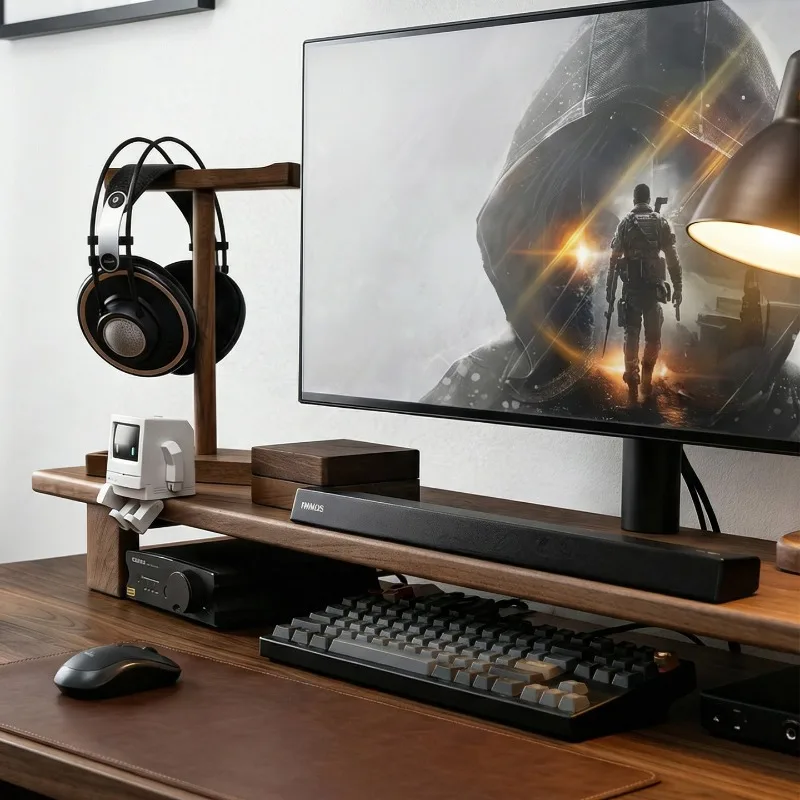 Solid Wood Monitor Stand Riser, Walnut Desk Organizer Shelf for PC Laptop Computer, Sturdy Desktop Storage Rack Home Office