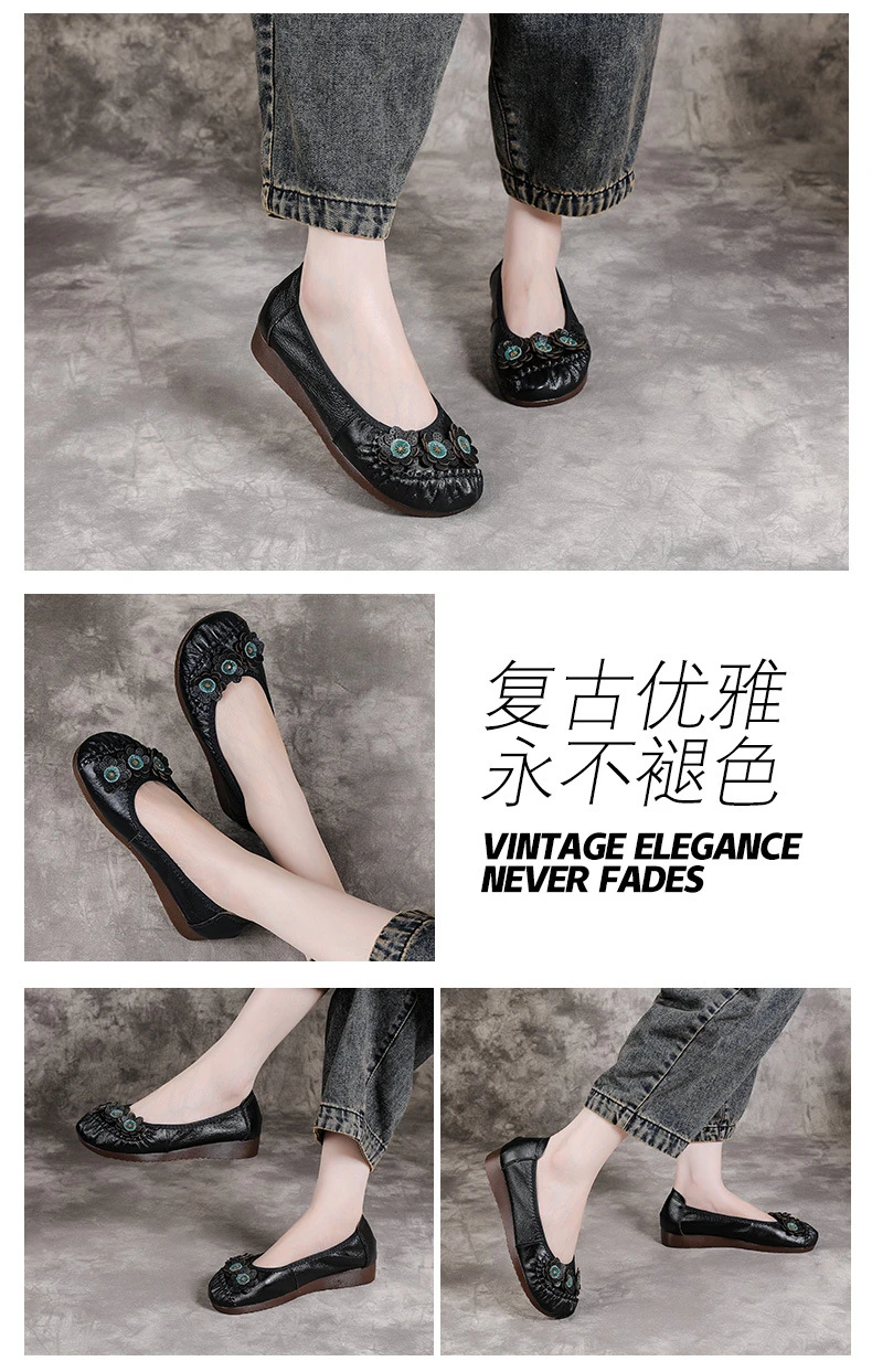 Boho Vintage Echtleder-Ballerinas für Damen, Blumenmuster Slip-On Fahr-Mokassins, Weiche Ethnische Retro-Schuhe, Flache Schuhe für Mütter – Detail 6