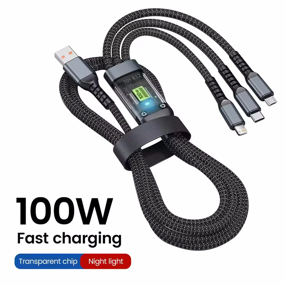 Lámpara piloto transparente 3 en 1 de 100W, Cable de carga súper rápida 6A Universal con Micro Usb tipo C para Samsung, Huawei, Xiaomi, Iphone