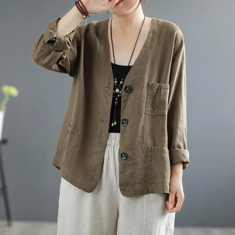 Women Vintage Simple Cotton Linen Single Breasted Shirt Cardigan Summer Solid V Neck Long Sleeve Blouse Casual Loose Pocket Tops