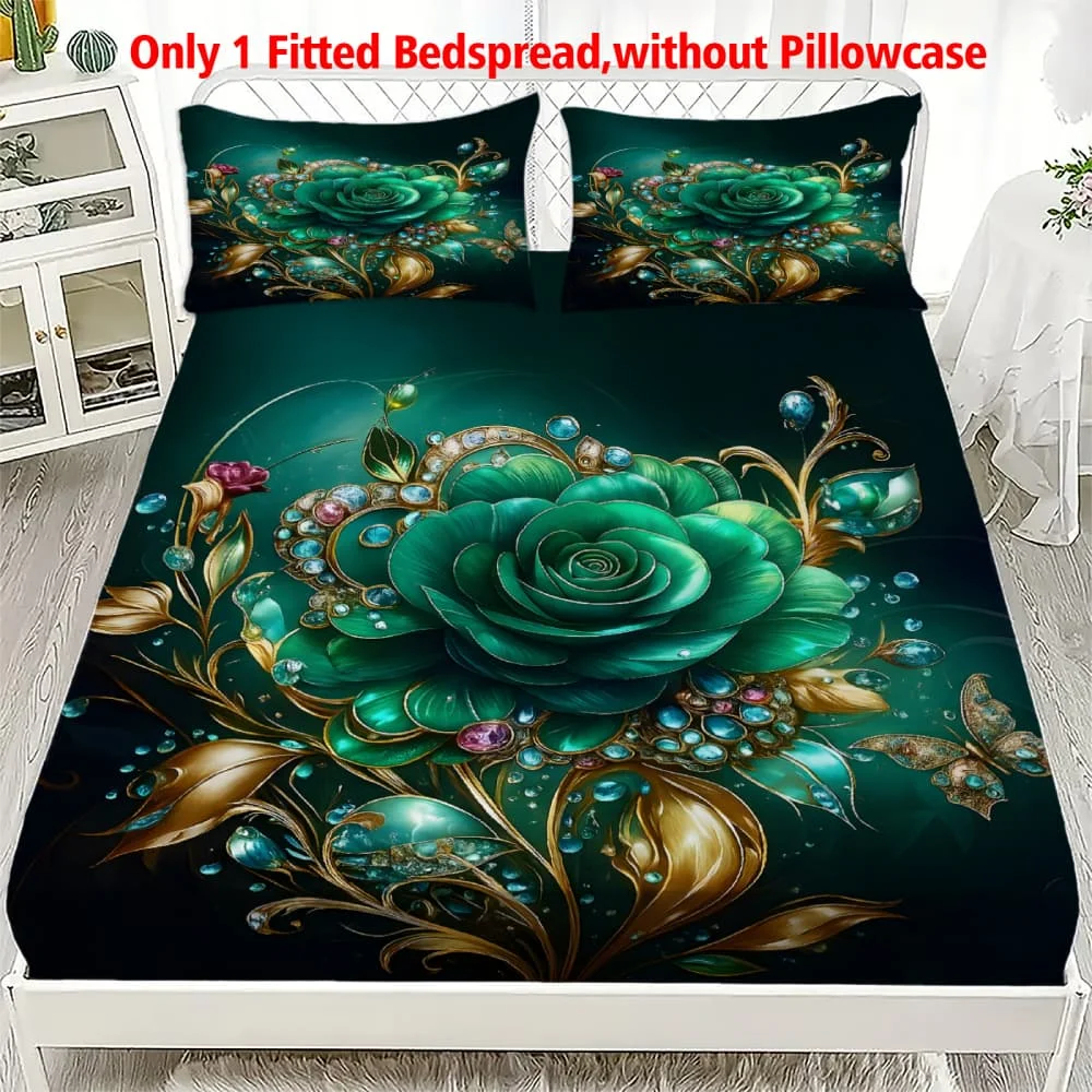 1 Stück Luxuriöses Smaragdgrünes Rosenmuster Spannbettlaken mit Tiefen Taschen Elastischer Matratzenbezug Einzel Doppel Queen King Schlafzimmer Deko