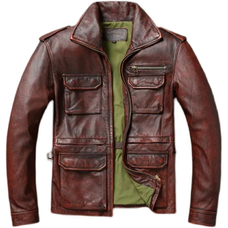 

Vintage Red Brown Heavy M65 Hunting Jackets Long Head Layer Cowhide Leather Jacket Retro Leather Jacket Men's Motorcycle Jackets