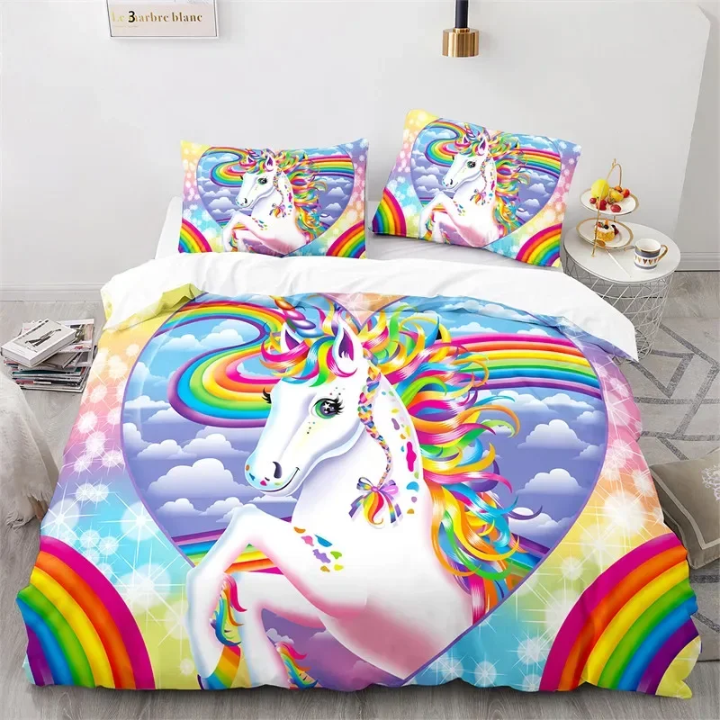 

Cartoon Unicorn Floral Rainbow Girl's Eyelash Comfortable Duvet Quilt Cover Pillowcase Bedding Set Children Bedroom Home Textile