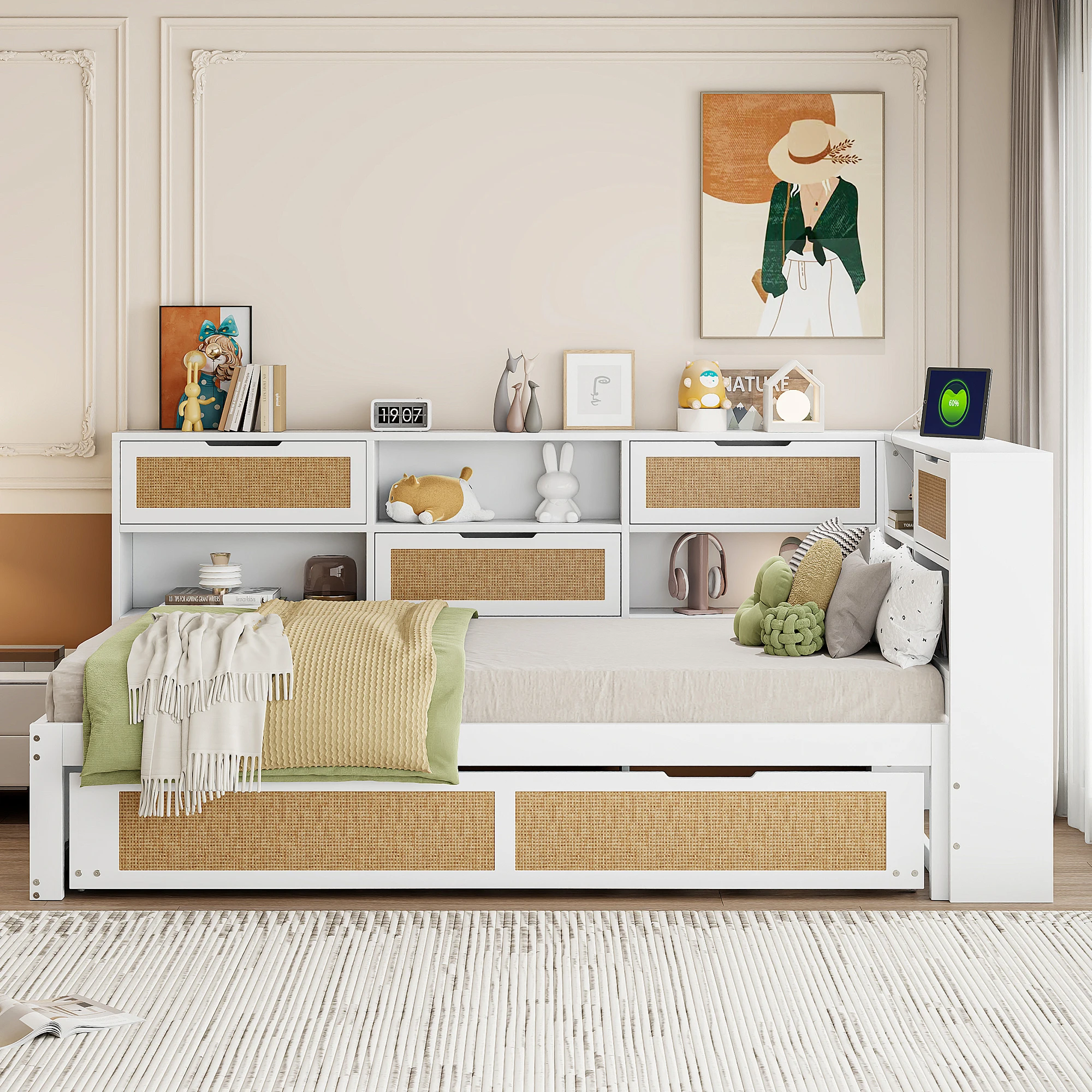 KOMHTOM Multifunktionales Holz Schlafsofa 90x200 cm Ausziehbett Einzelbett Kinderbett mit vielen Staufächern und Ladeanschluss