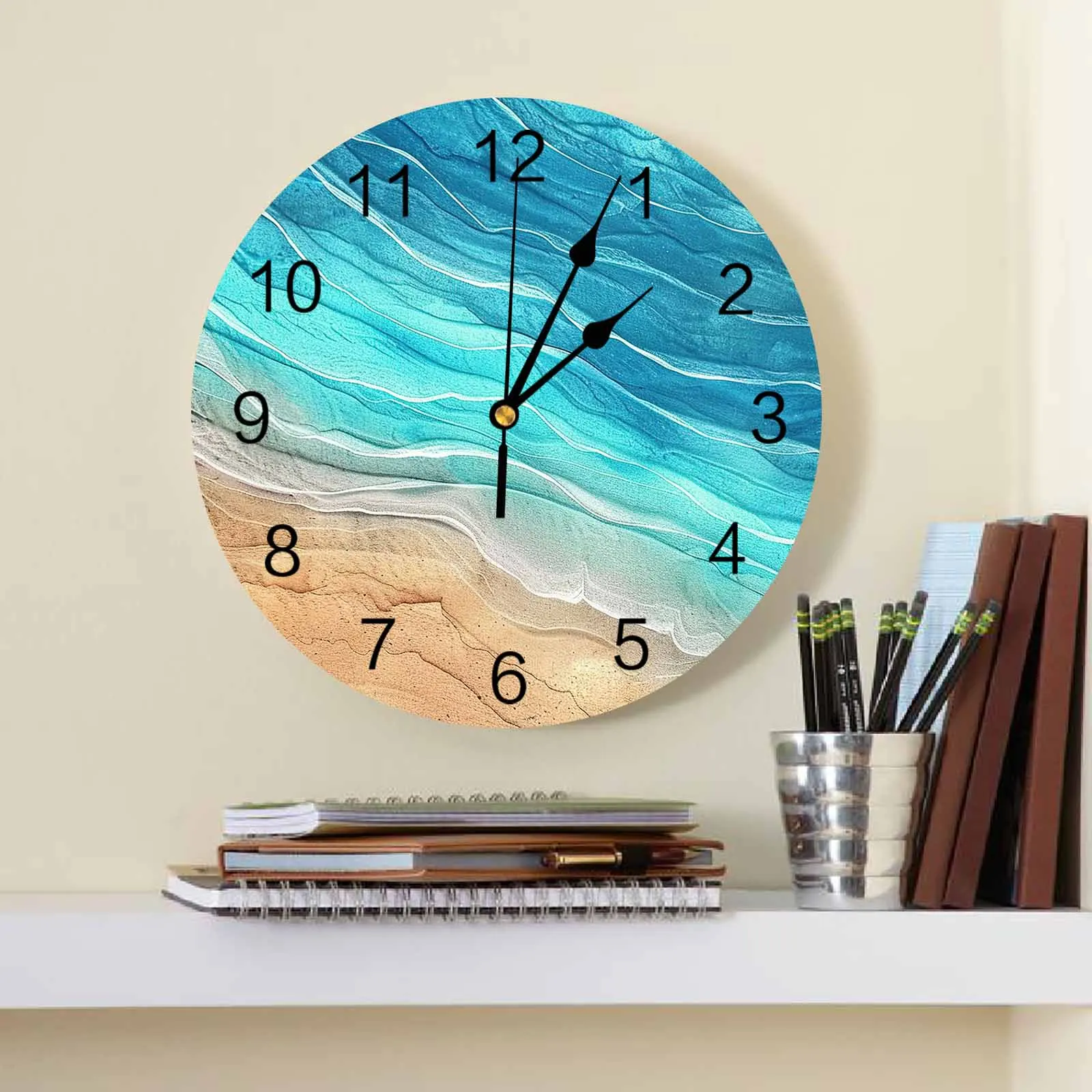 Ocean Wave Beach Gradual Wave Turquoise Printed Wall Clock Modern Silent Clock Living Room Home Decor Wall Hanging Watch