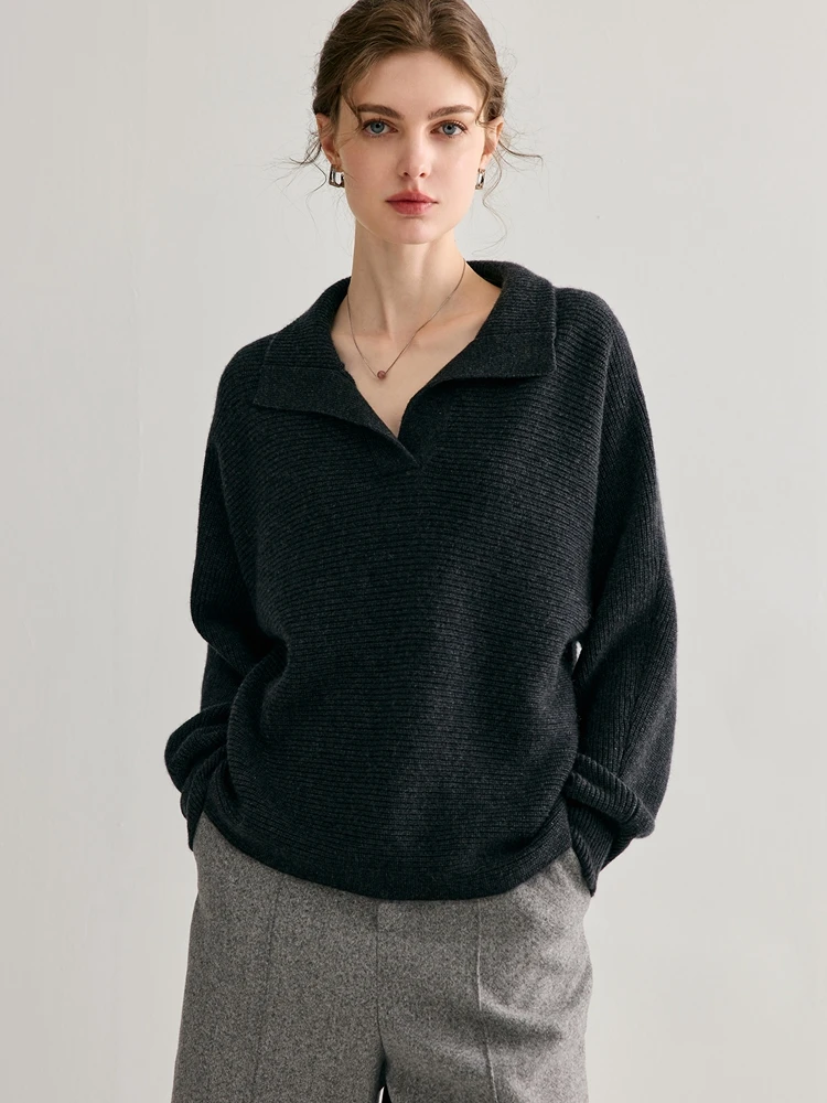 

Women 100% Pure Cashmere Pullover Sweater Autumn Winter Turn-down Collar Polo Soild Loose Lazy Style Knit Coat Fashion High-end