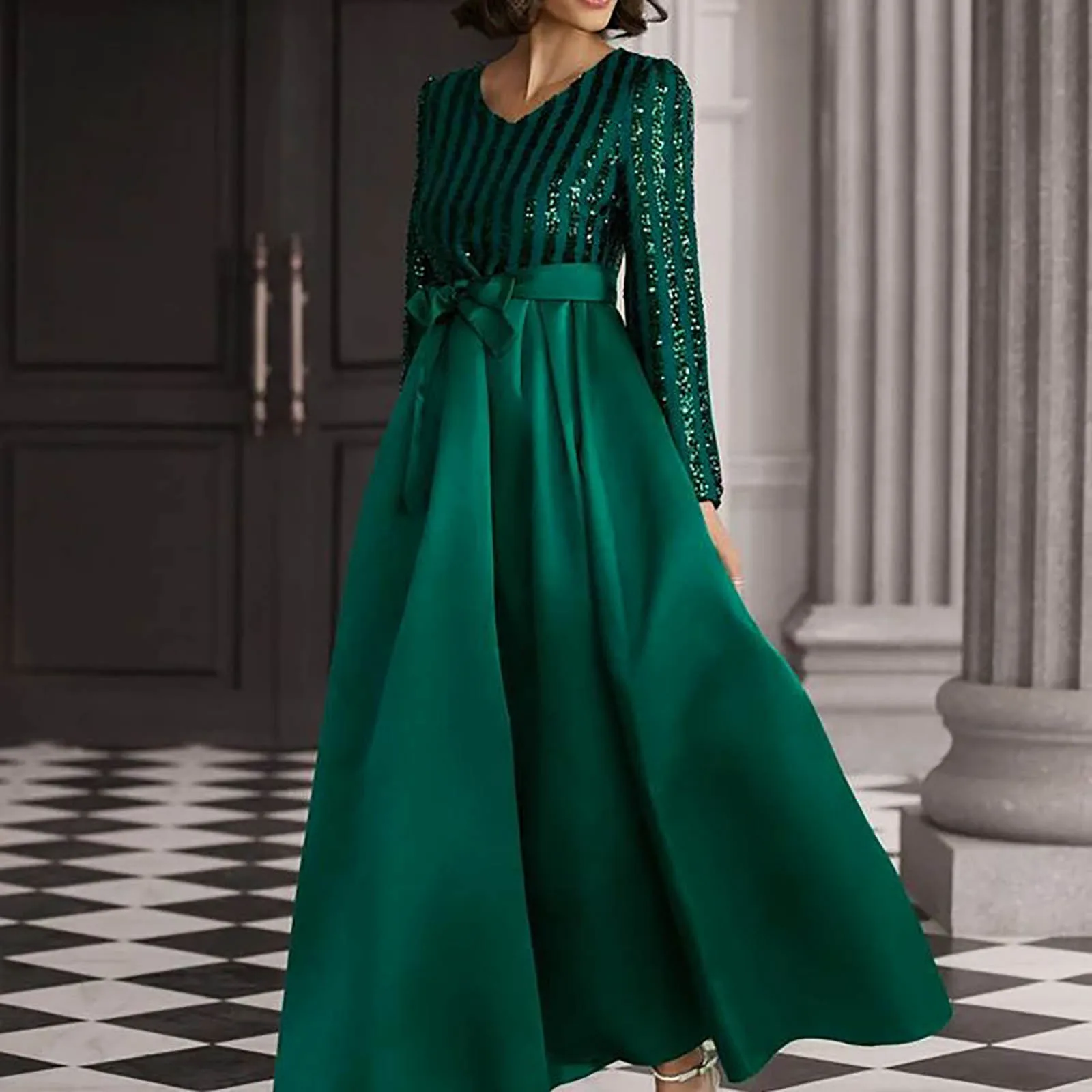 

Elegant Bronzing Cocktail Party Swing Dress Sexy V Neck Long Sleeves Dress Gown Robes Women Banquet Evening Dresses Vestidos