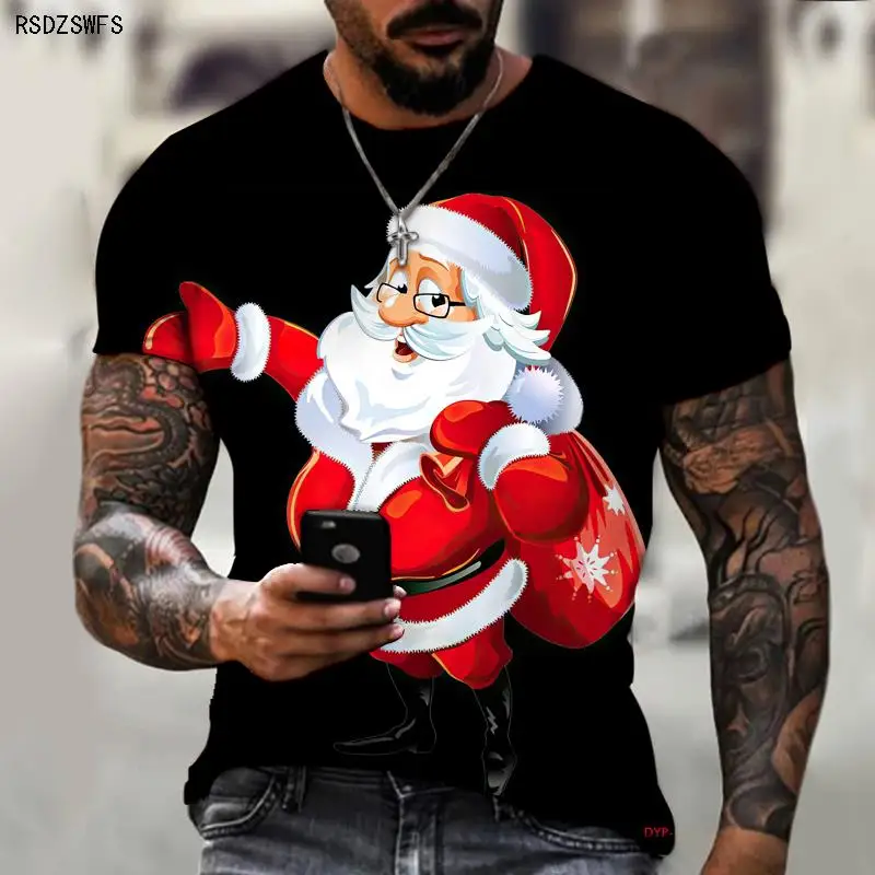 New Men\'s T-shirt Brand Design Christmas Santa Claus Christmas Tree Snowman Western Holiday 3D Printing Oversize 5XL