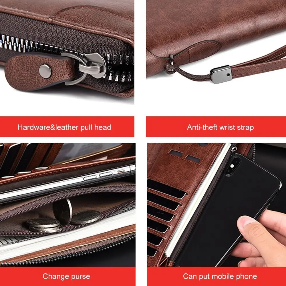 Portable Clutch Bag Large Capacity Leather Bag RFID Blocking Men's Long Zipper Wallet Credit Card Holder Purse