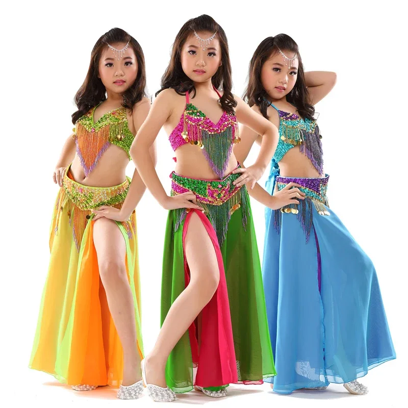 

Kids Stage Performance Belly Dancing Clothes 3-piece Set Oriental Outfit Bra, Belt, Skirt Girls Beaded Belly Dance Costume