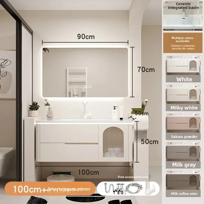 

Modern Bathroom Vanity Cabinet Sink Simple Oak Bathroom Cabinet Smart Mirror Integrated Ceramic Washbasin Bathroom Furniture