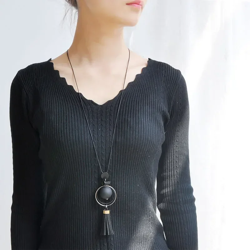 Fashion Sweater Chain Necklaces For Women Geometric Circle Moon Square Ball Pendant Long Tassel  Snake Link Jewelry