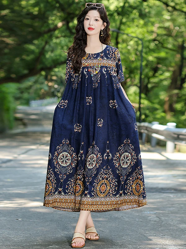 

Новое летнее женское платье больших размеров из хлопка и шелка, свободное, стройнящее, с принтом, с коротким рукавом, длинное, с цветочным узором, повседневное, с завышенной талией, А-силуэт