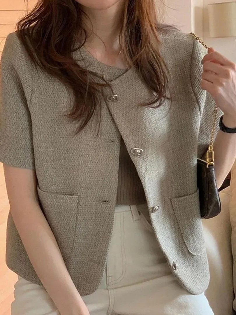 

Retro Chic Short Sleeve round Neck Single Button Coat Korean Style Women's Fashionable Shirt Elegant Atmosphere Outerwear