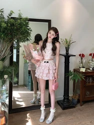 Sweet Spicy Girl Print Flower Hanging Neck Sling Top Cake Skirt Two Piece Set Women Pleated Sleeveless Fashion Slim Summer Suit