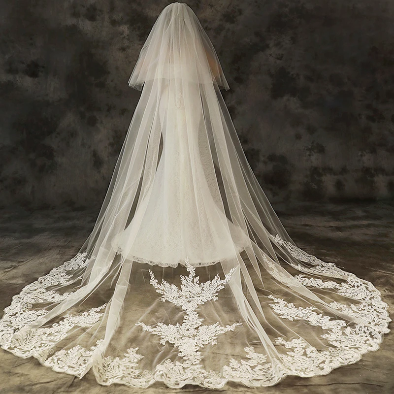 New 3 Meter Long Cathedral Veils Two Layers Appliqued White Ivory Bride Veil 2025 Wedding Accessoire Velos De Novia Yashmak