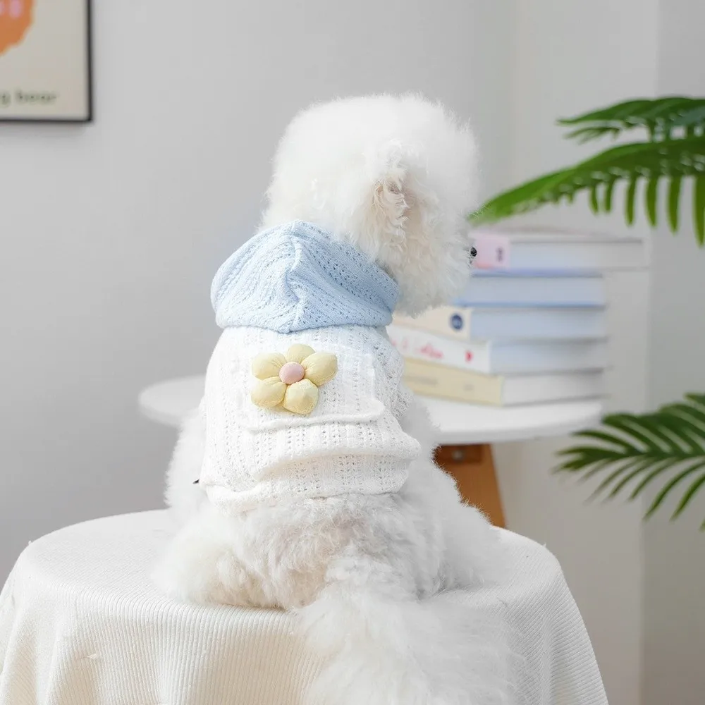 

Small Flower Pet Knitted Hoodie Two Legged Soft Dog Base Sweater Hollow Out Comfortable Dog Pullover for Indoor Outdoor