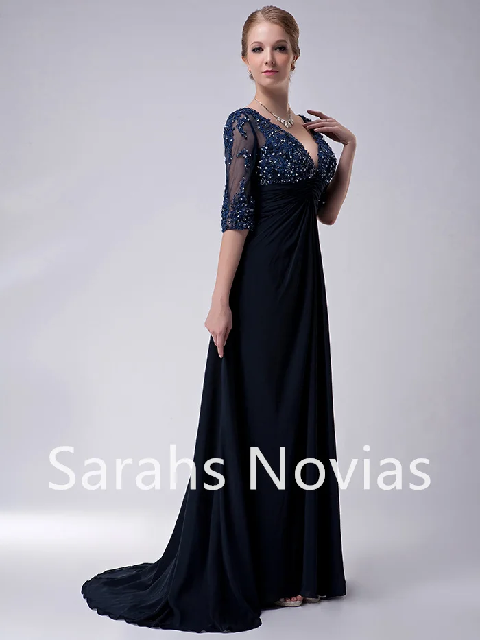 2023 Long Chiffon Mother of Bride Dresses A-line Sexy V Neck Mother's Formal Dresses With Half Sheer Sleeve Beads Lace Plus Size