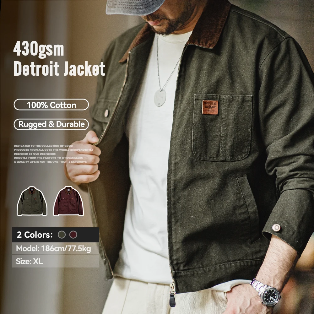 Maden Retro Heavyweight Canvas Detroit Jacket Sztruksowy kołnierz Myślistwo Krótka kurtka zapinana na zamek z kieszeniami Męska jesienna odzież wierzchnia