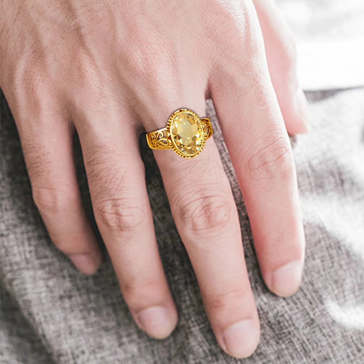 Gelbgoldener Citrin-Ring für Damen, 10*14mm oval geschliffener Stein, Art Deco Glücks-Birthstone-Schmuck, trendiges Luxus-Hochzeitsgeschenk. – Detail 6