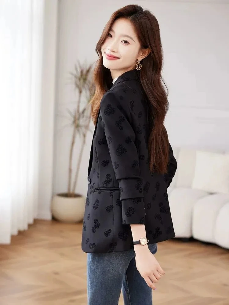 Female Spring Autumn 2025 New Slim Fit Retro Rose Print Suit Jacket Blazers