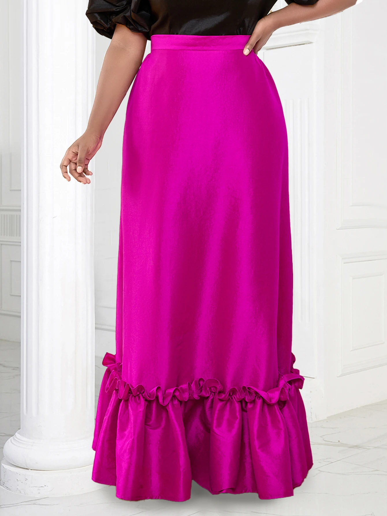 

Plus Size Long Skirts for Women 3XL 4XL Fuchsia High Waist Ruffles Floor Length Summer Causal Evening Party Bottom Skirt 2023