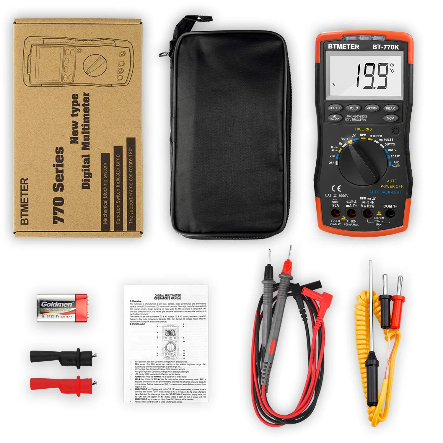 

770K Automotive Multimeter 6000 Counts True RMS Car Diagnostic Tool RPM Duty Cycle Dwell Pulse Width NCV Sensor Simulation