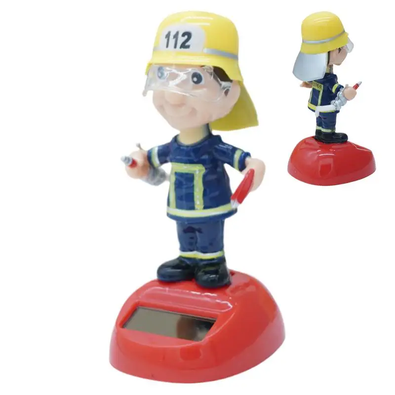 Solar Powered Firefighter Car Ornament Automatic Swing Firefighter Figurine Doll Toy automotive Dashboard Decoration