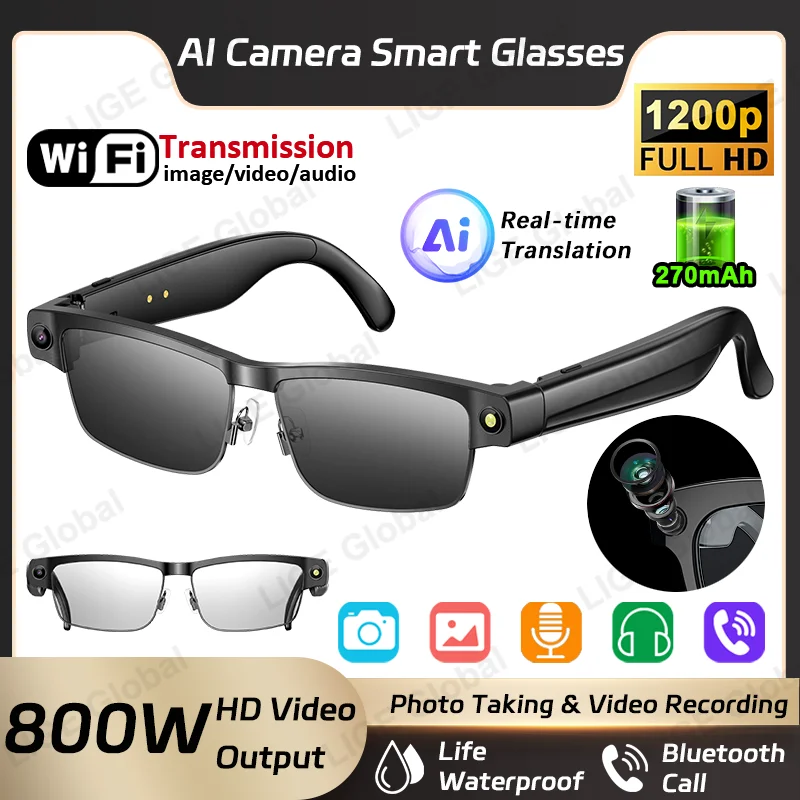 

LIGE 800W HD Camera AI Smart Sunglasses 1200P Video Recording 270mAh Battery Chat Bluetooth Call Voice Assistant Control Glasses
