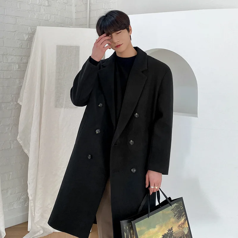 Korean Version Woolen Double Breasted Coat Men's Autumn and Winter Medium Length Thickened Trench Coat Loose Cloth Coat