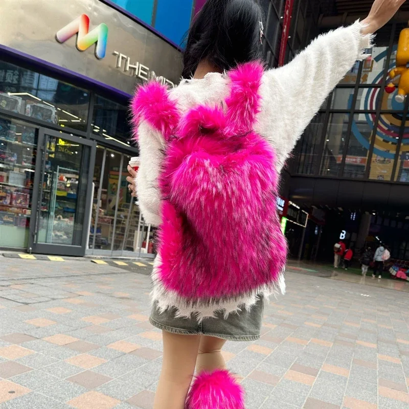 Winter Fashion Fluffy Faux Fur Backpack Y2K Harajuku Style College Student Outdoor Travel Bag Soft Warm Plush School Bag Female